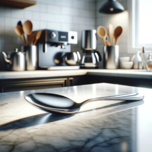 A spoon on a counter.